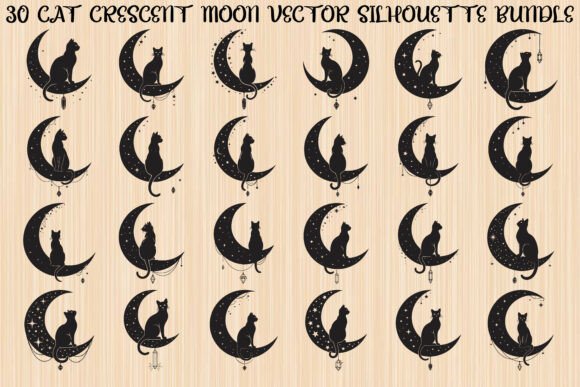 Cat Crescent Moon Bundle: Mystical Graphics for Branding and Illustrations