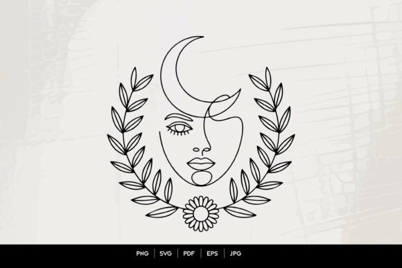 Celestial Woman Face Botanical Moon Line Graphics for Local Branding