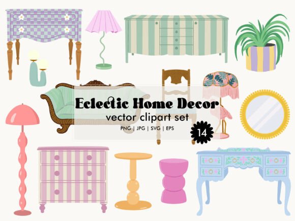 Eclectic Home Decor Retro Clipart Set: Vintage Graphics for Bold Branding