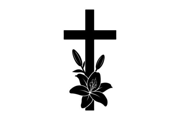 Elegant Easter Lily Cross Symbol Black and White Graphics & Illustrations