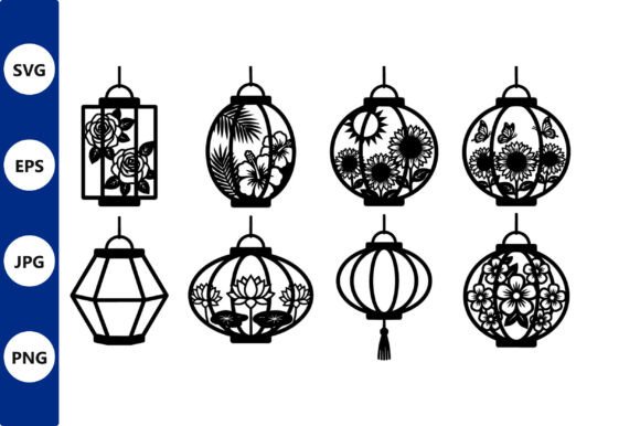 Floral Lanterns Line Art Set: Elegant Graphics for Local Branding and Packaging