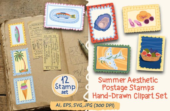 Summer Travel Postage Stamps Clipart: Mediterranean-Inspired Graphics for Lifestyle Blogs and Editorial Illustrations