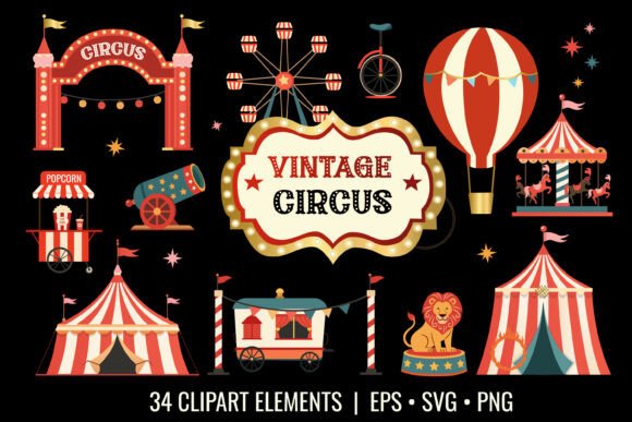 Vintage Circus Clipart Elements: Retro Graphics for Editorial and Web Design